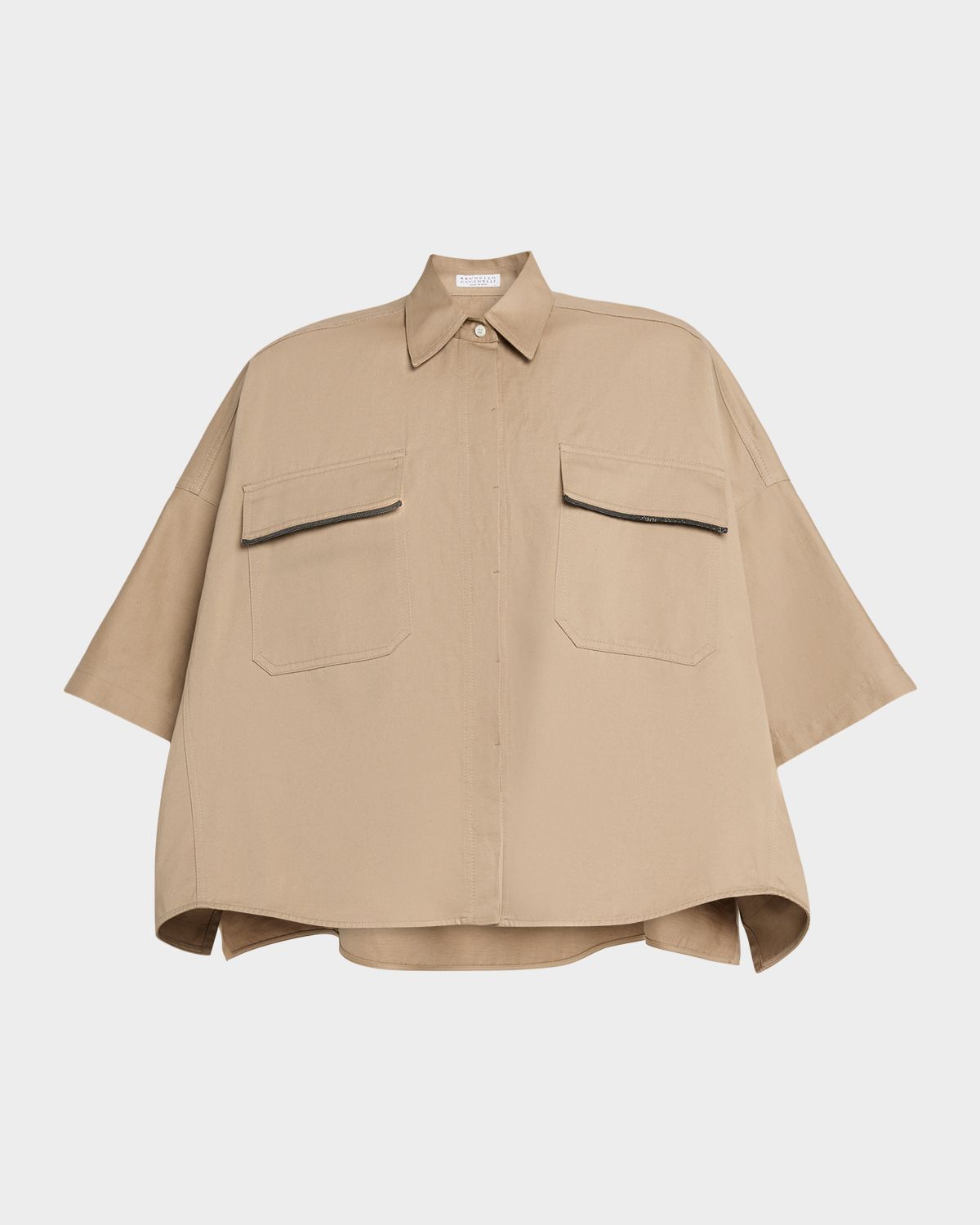 Brunello Cucinelli Crispy Techno Cotton Oversized Utility Shirt With Monili Trim