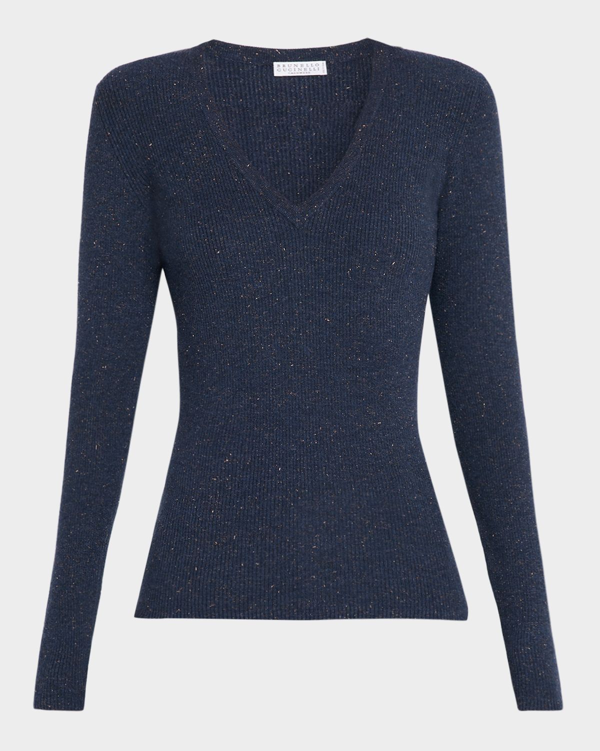 Brunello Cucinelli Metallic Cashmere Stretch Rib V-Neck Sweater