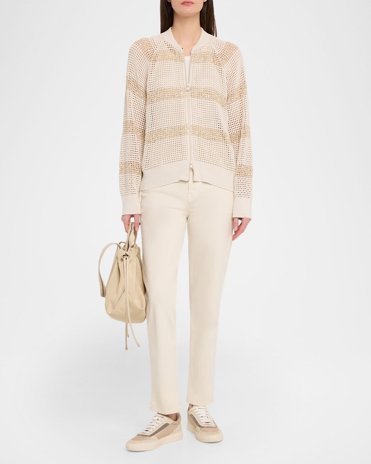 Brunello Cucinelli Dazzling Striped Cotton Net Bomber Cardigan