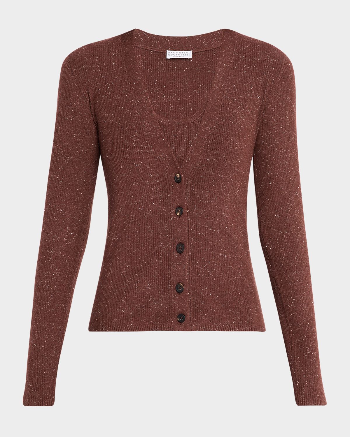 Brunello Cucinelli Shimmering Cashmere Stretch Rib V-Neck Cardigan