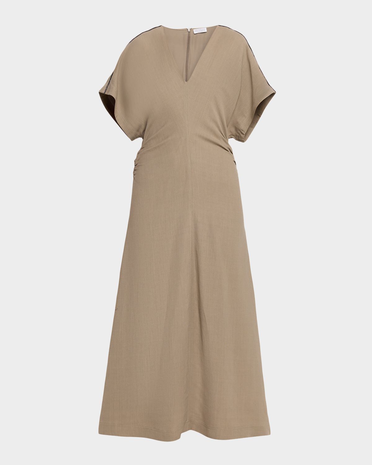 Brunello Cucinelli Monili-Trim Fluid Linen Twill Short-Sleeve Midi Dress