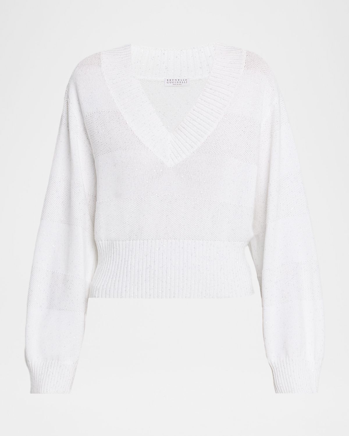 Brunello Cucinelli Paillette Striped Linen-Cotton Knit V-Neck Sweater