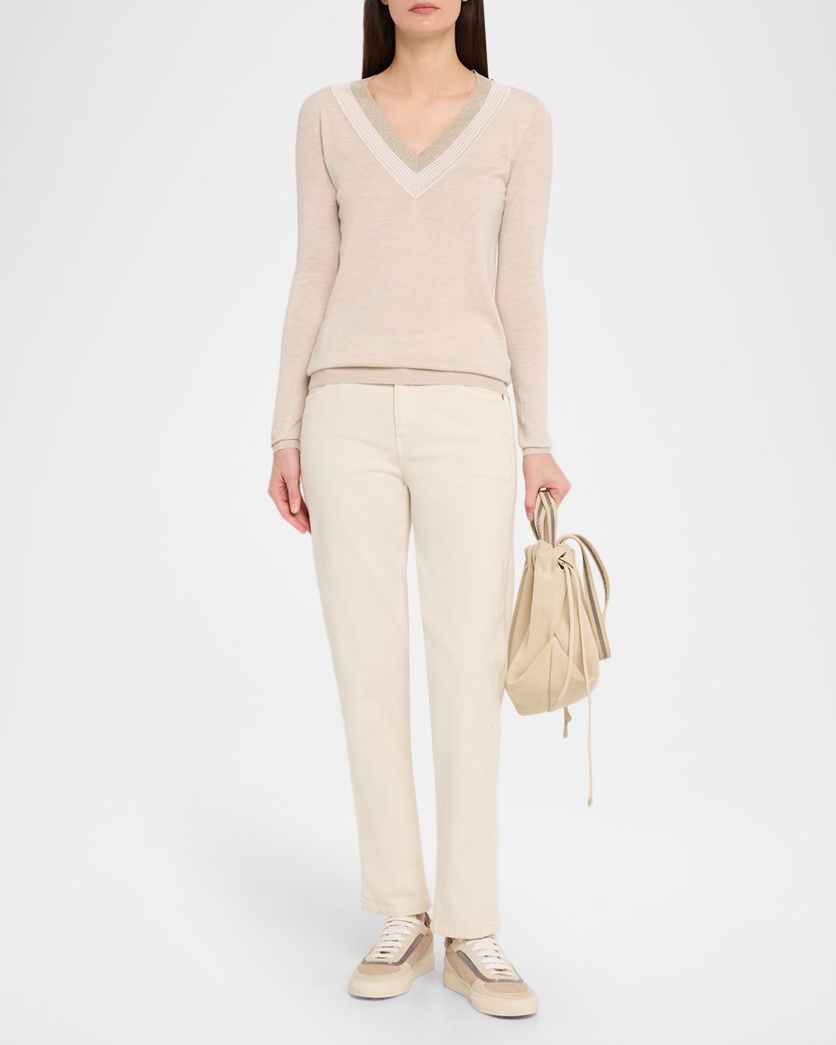 Brunello Cucinelli Metallic V-Neck Cashmere-Silk Sweater