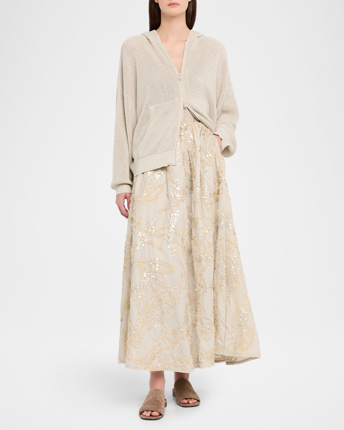 Brunello Cucinelli Dazzling Seabed Embroidered Techno Cotton Midi Skirt