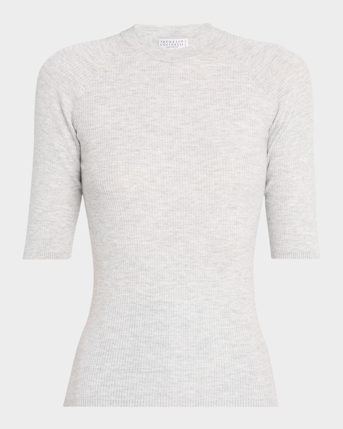 Brunello Cucinelli Shimmering Cashmere Stretch Rib Elbow-Sleeve Sweater