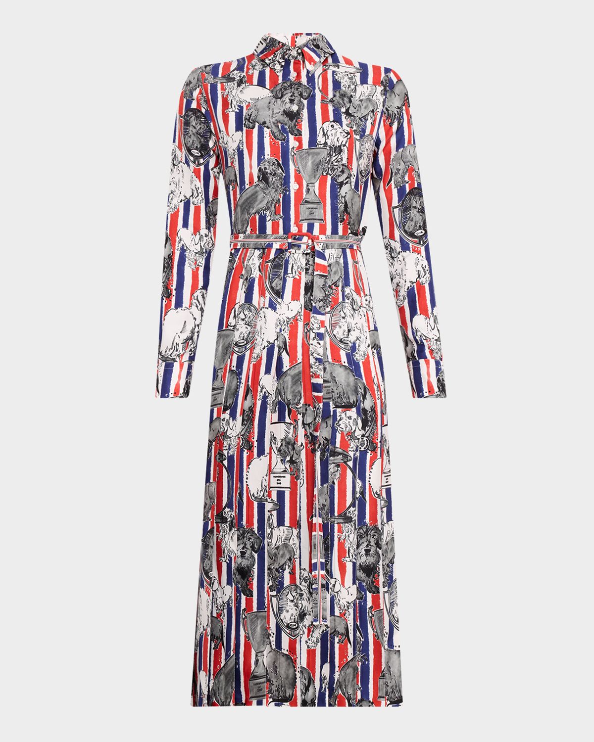 Thom Browne Hector Silk Twill Pleated Midi Shirtdress With Belt