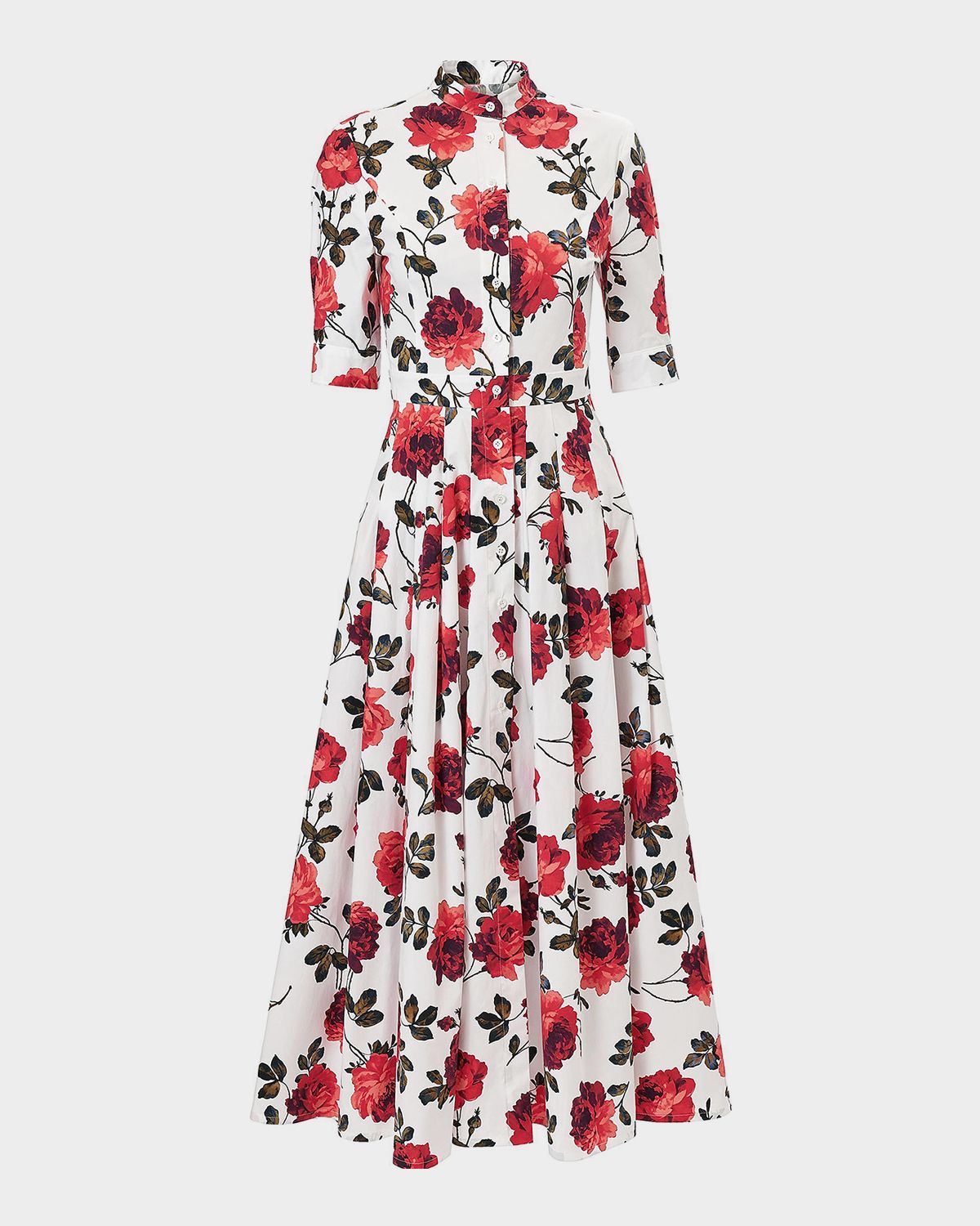 Carolina Herrera Carnation-Print Short-Sleeve Pleated Midi Shirtdress