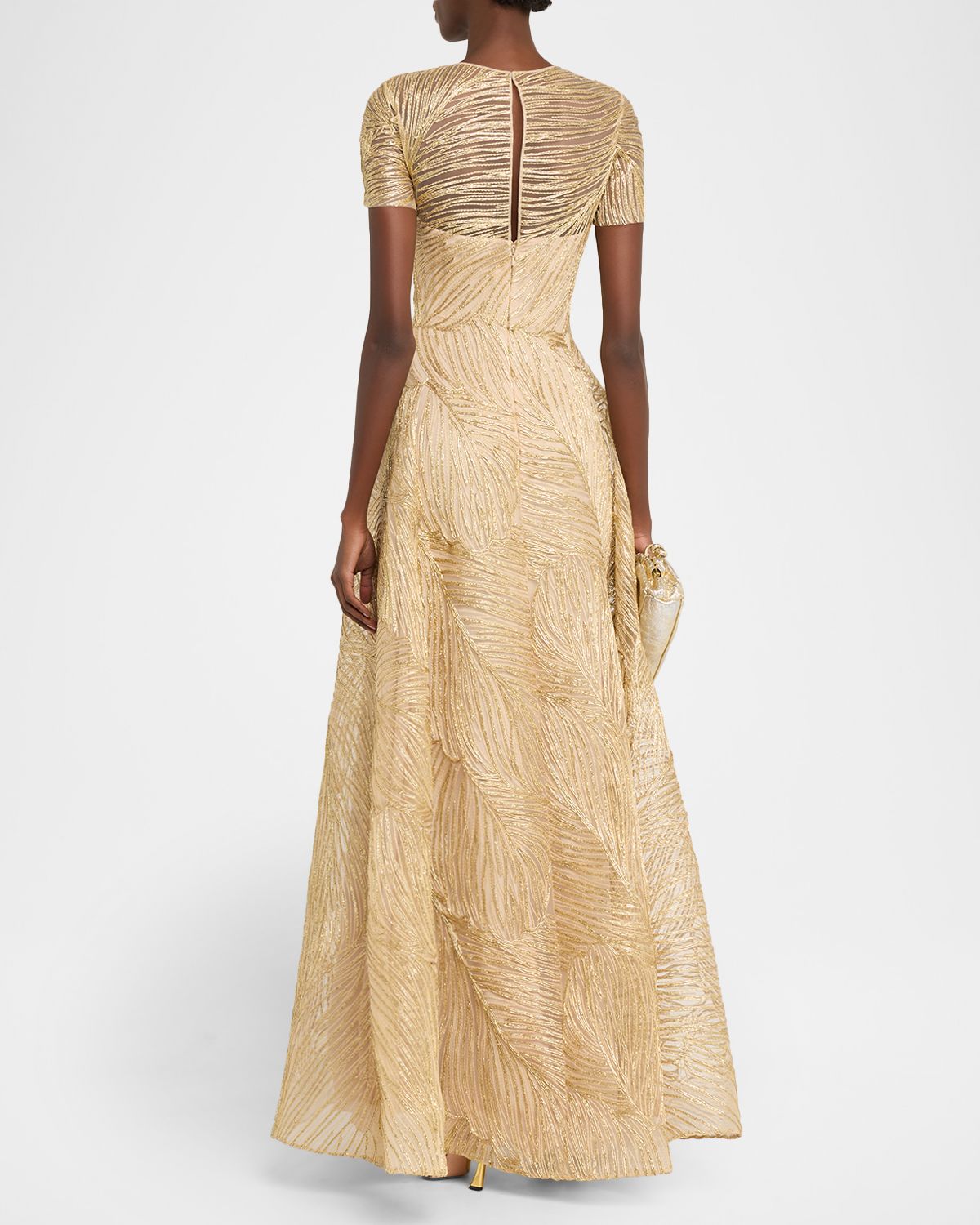 Naeem Khan Metallic Raffia Embroidered Short-Sleeve Gown | Thumbnail 3 Naeem Khan Metallic Raffia Embroidered Short-Sleeve Gown | Thumbnail 3