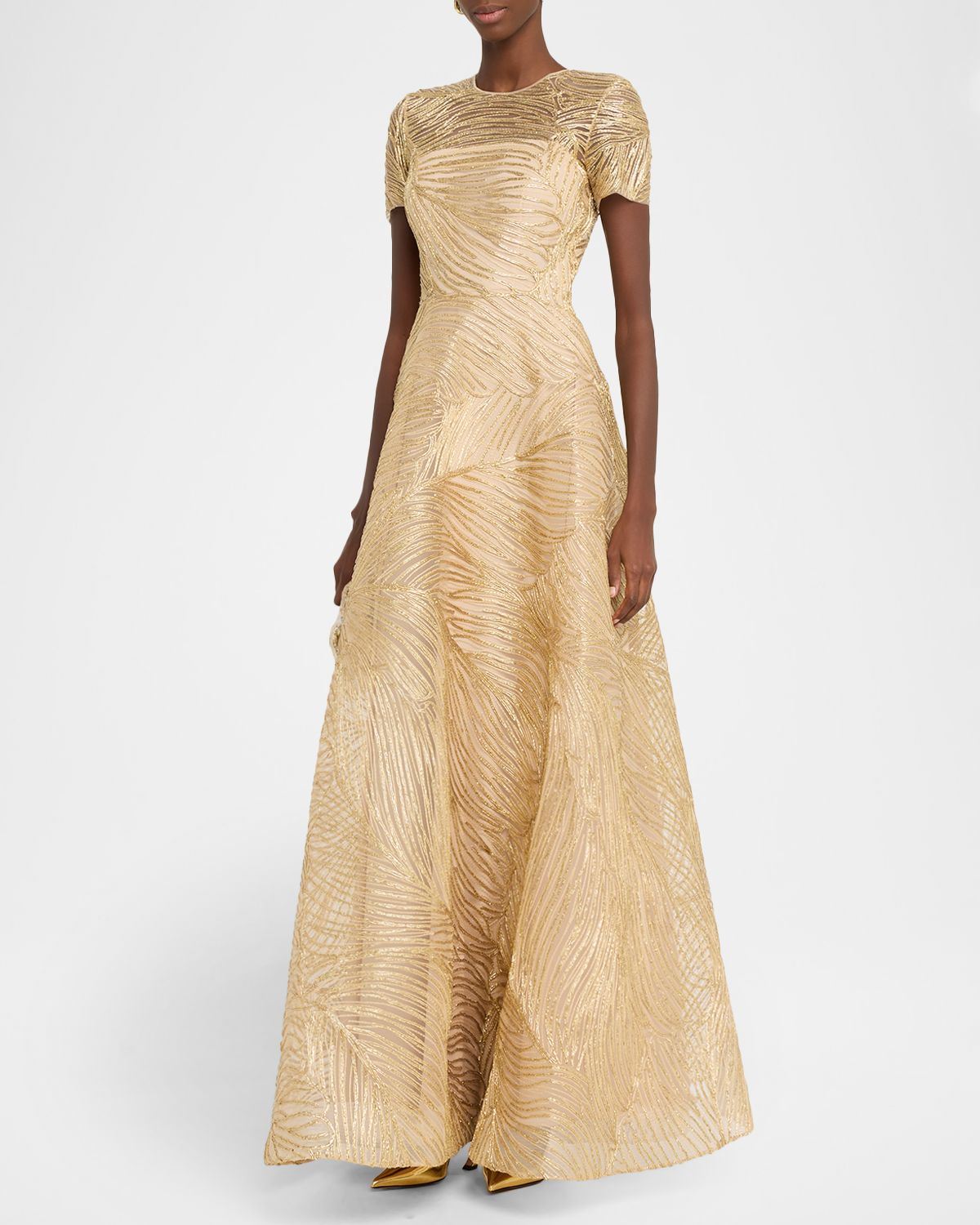 Naeem Khan Metallic Raffia Embroidered Short-Sleeve Gown | Thumbnail 4 Naeem Khan Metallic Raffia Embroidered Short-Sleeve Gown | Thumbnail 4