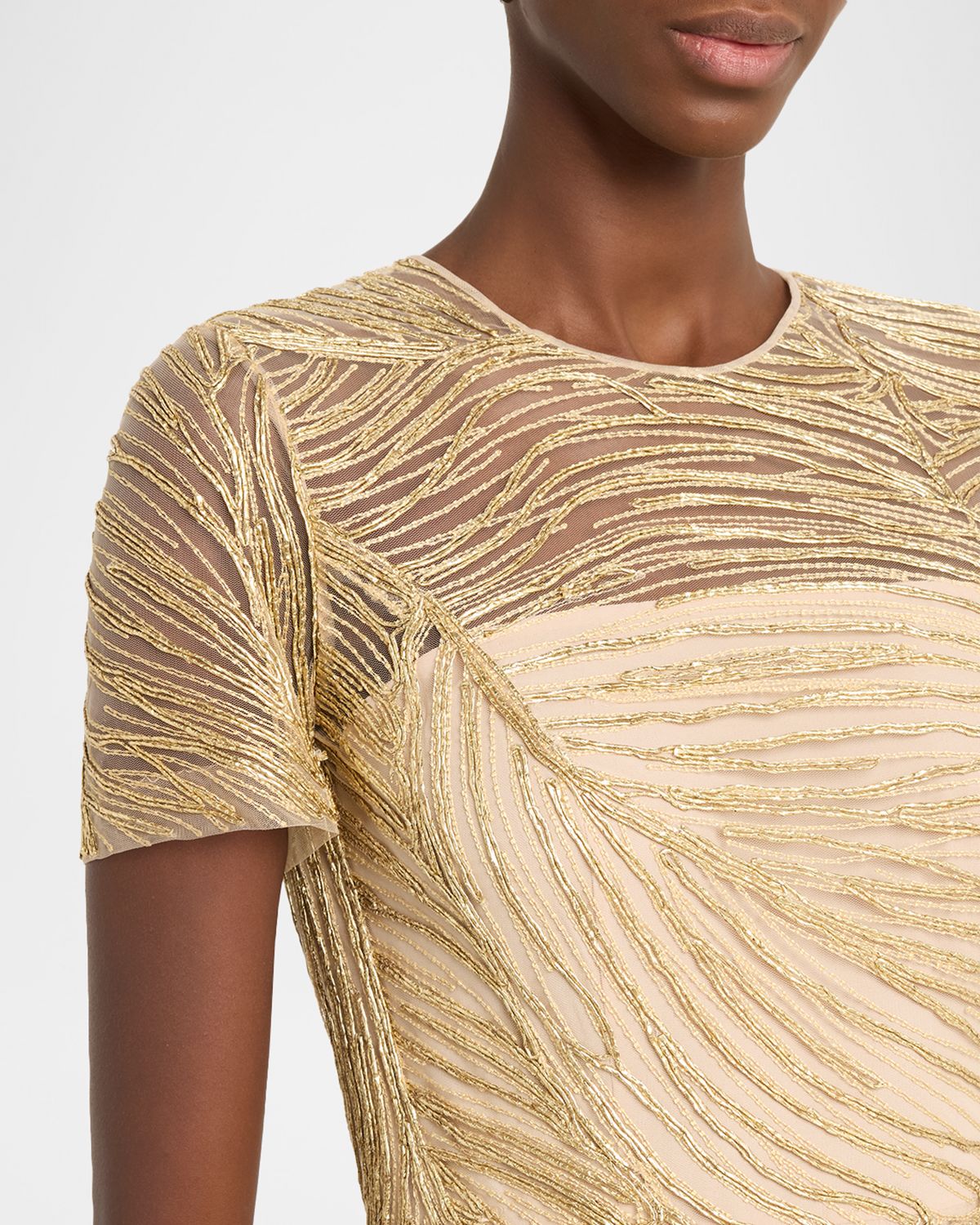 Naeem Khan Metallic Raffia Embroidered Short-Sleeve Gown | Thumbnail 5 Naeem Khan Metallic Raffia Embroidered Short-Sleeve Gown | Thumbnail 5
