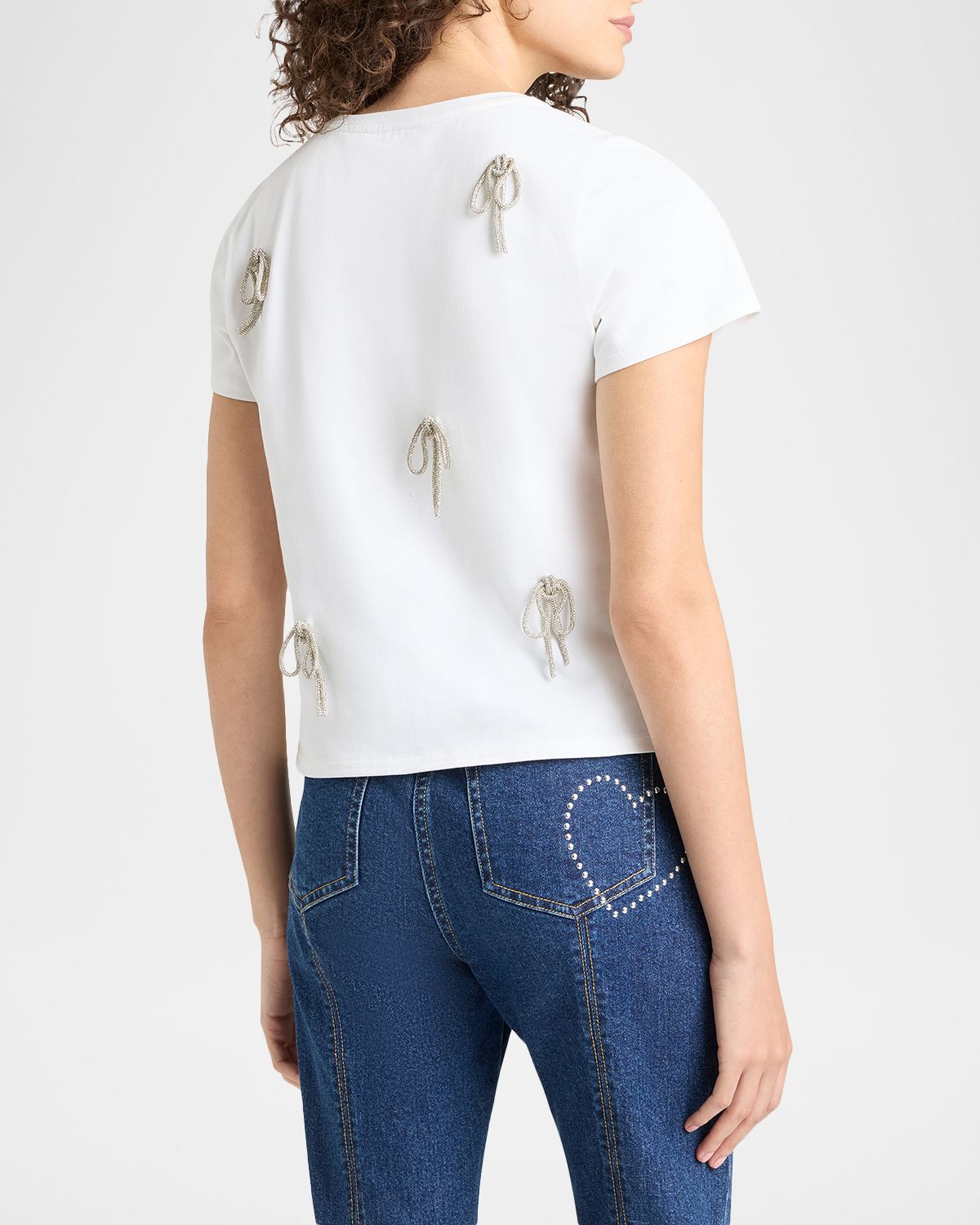 Cinq a Sept Corded Rhinestone Bow Shrunken Tee