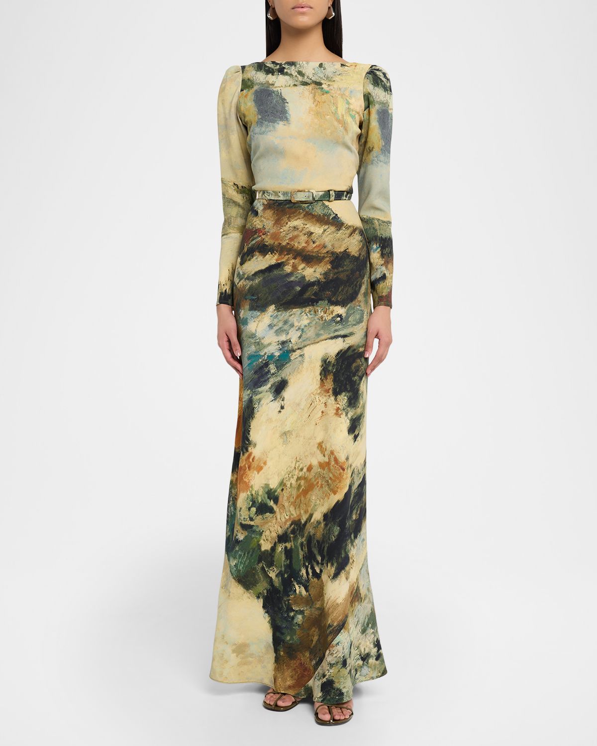 Libertine Modernist Landscape Belted Long-Sleeve Maxi Dress