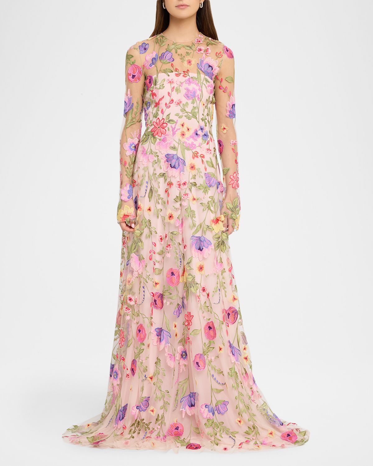 Naeem Khan Floral Embroidered Long-Sleeve Illusion Gown