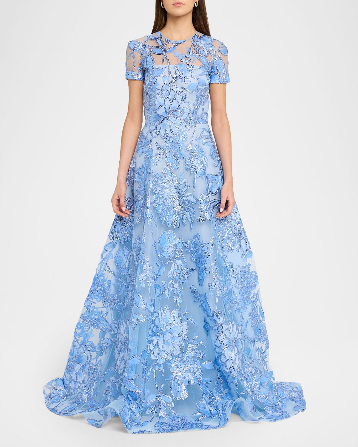 Naeem Khan Illusion Neckline Metallic Floral Embroidered Gown