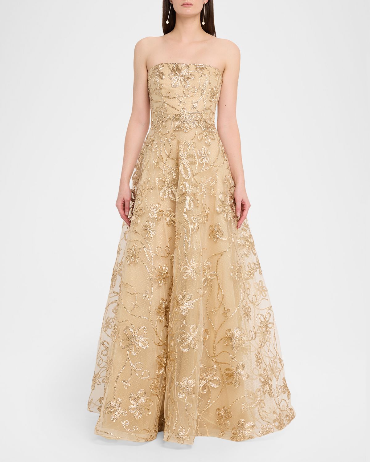 Naeem Khan Strapless Metallic Raffia Embroidered Gown