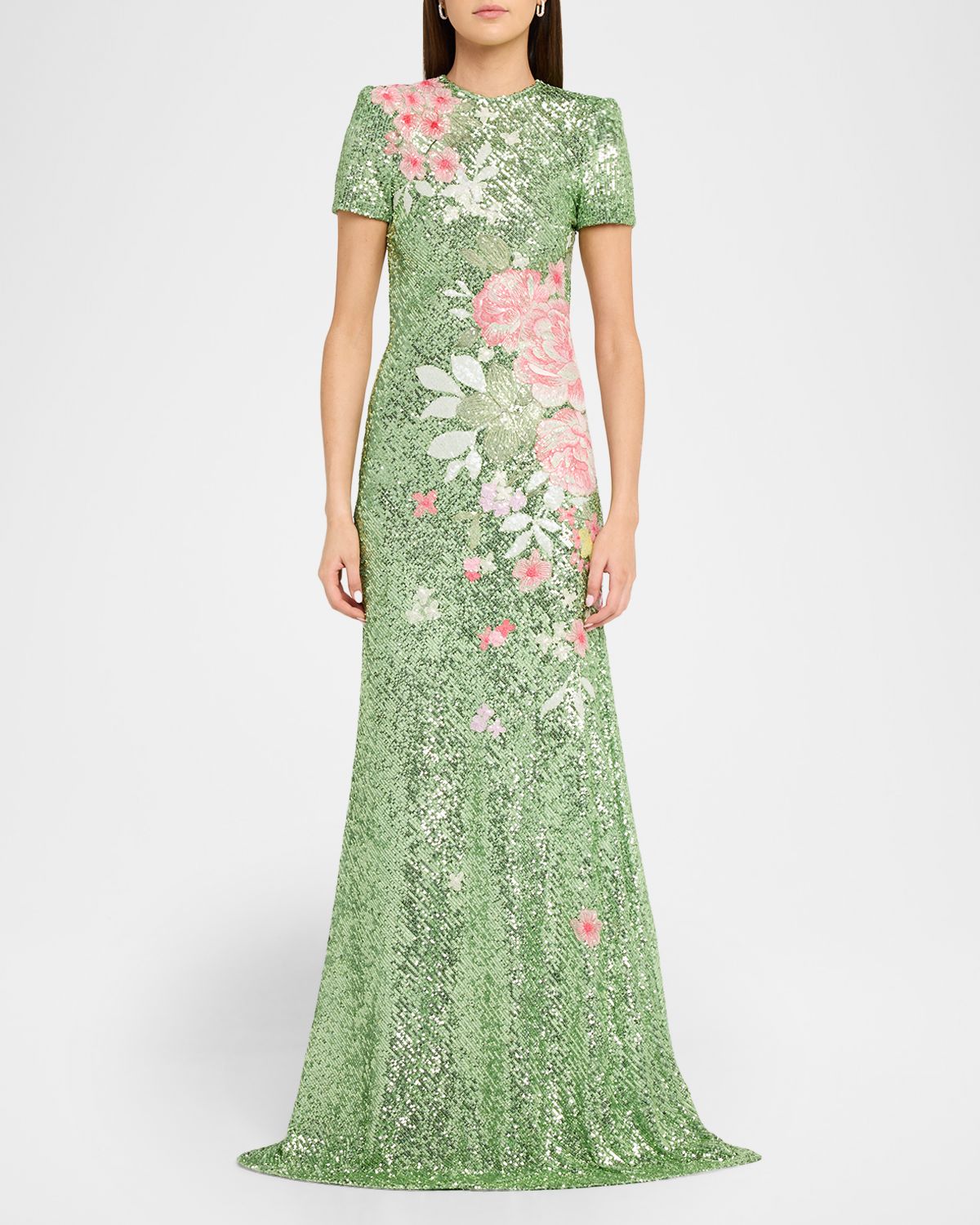 Naeem Khan Floral Embroidered Short-Sleeve Sequined Gown