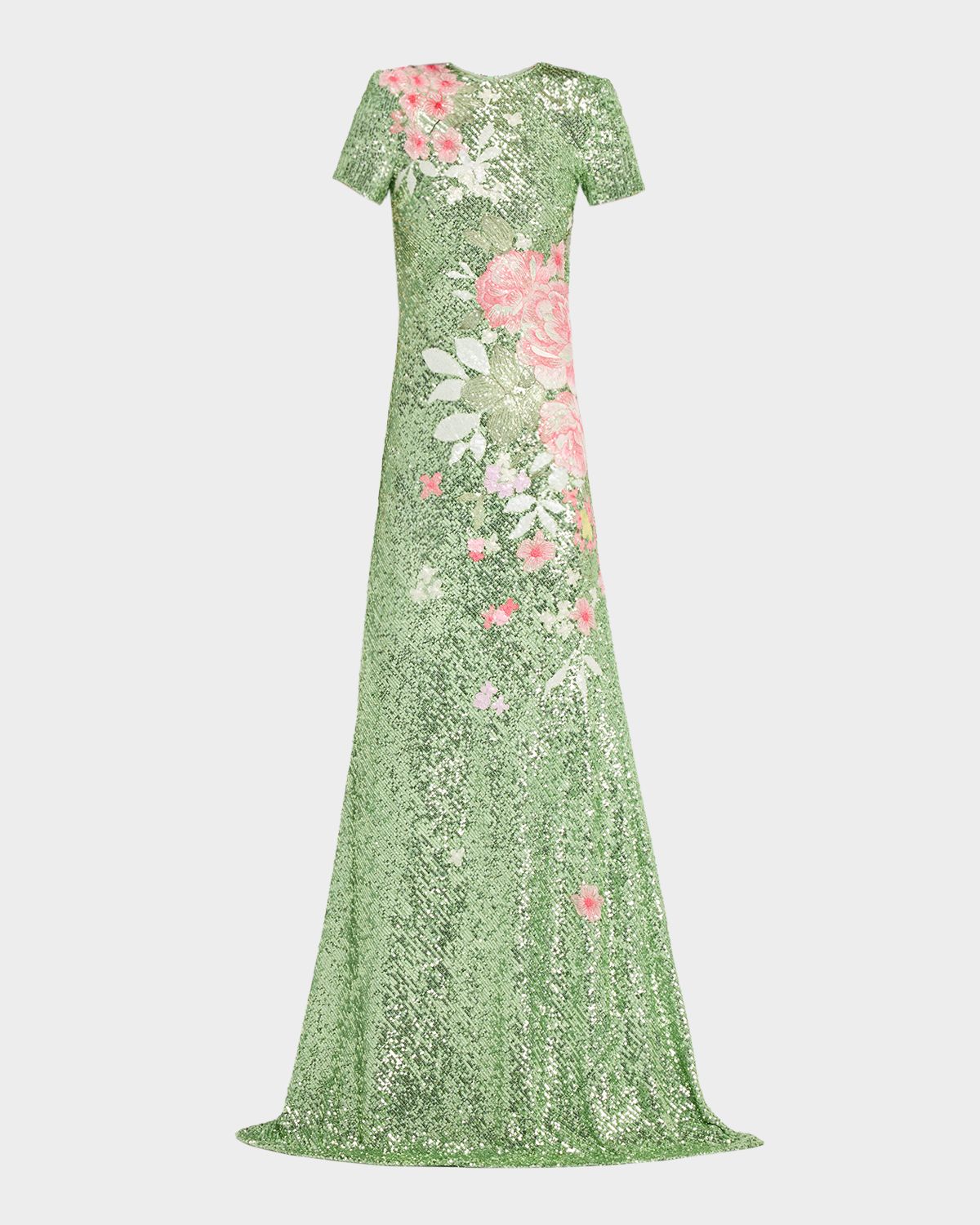 Naeem Khan Floral Embroidered Short-Sleeve Sequined Gown