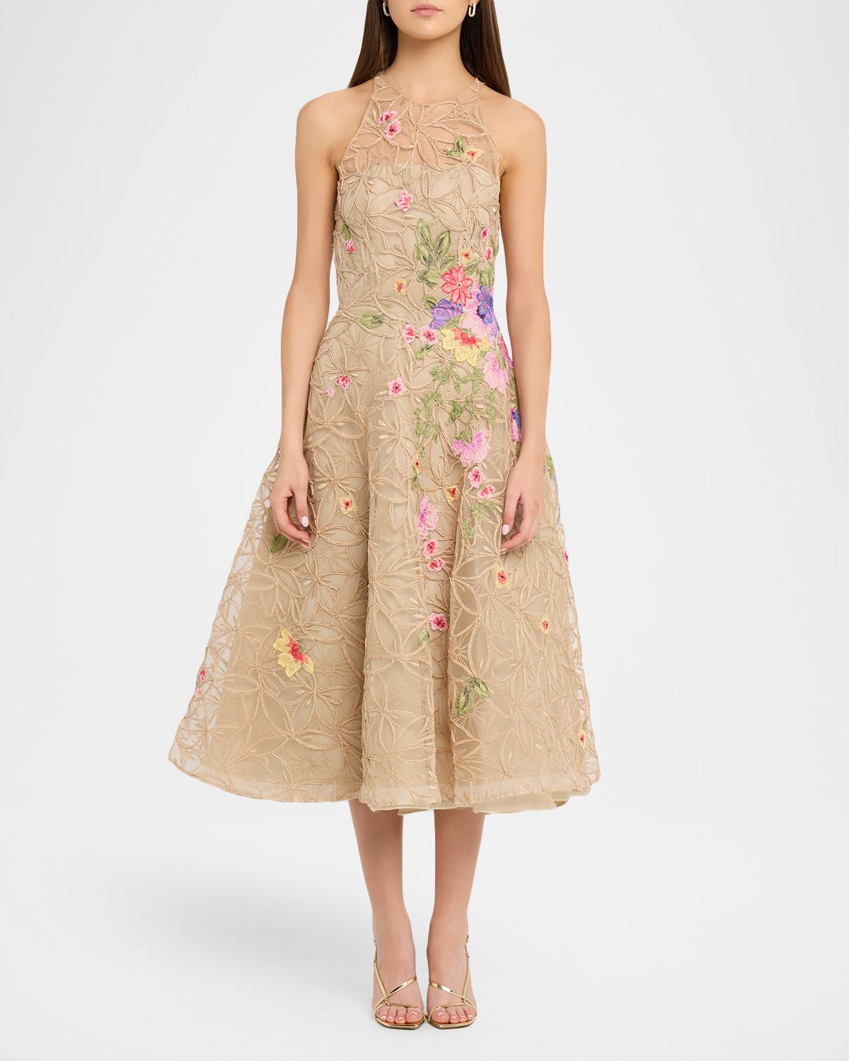 Naeem Khan Raffia Floral Embroidered Sleeveless Midi Dress