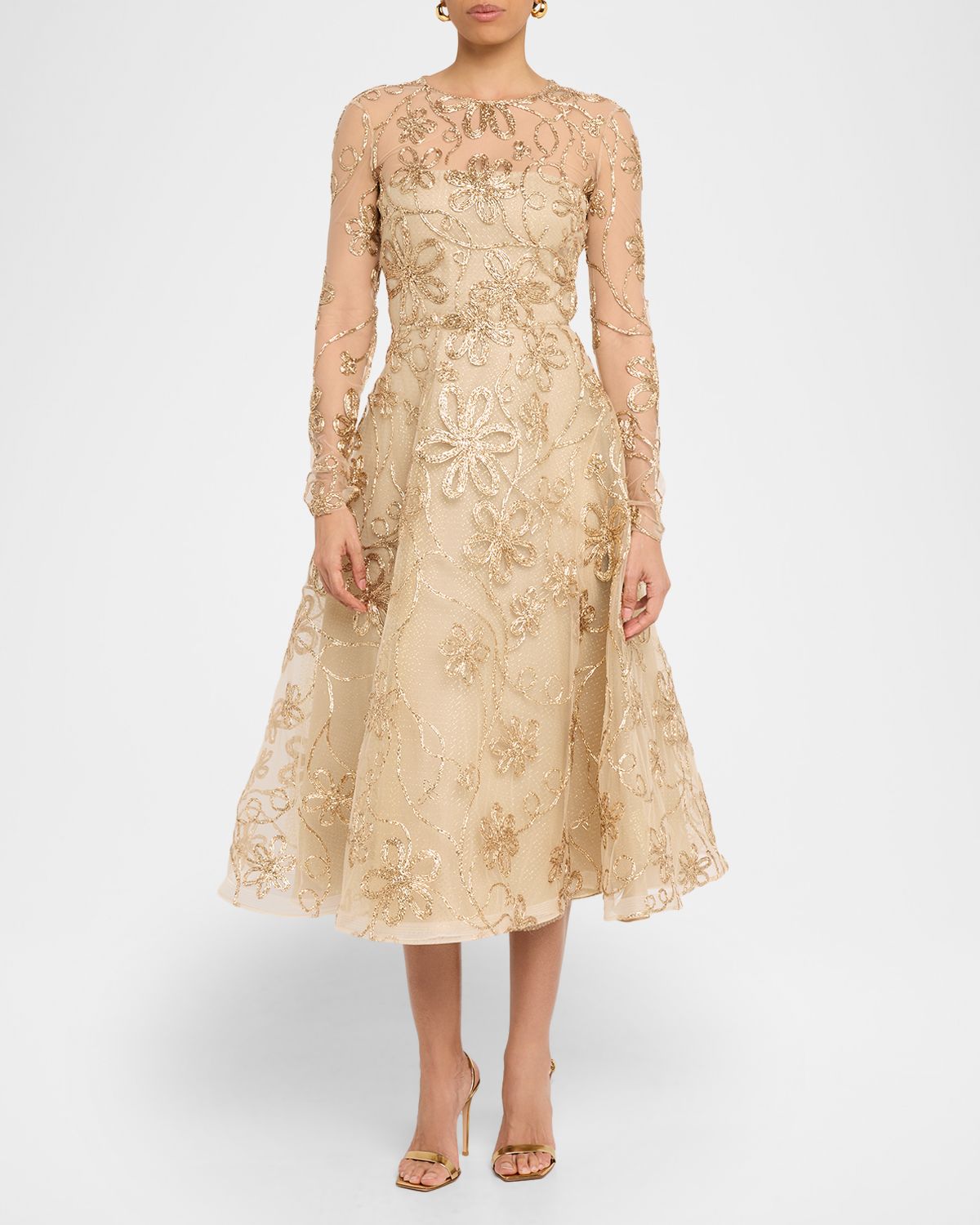 Naeem Khan Metallic Raffia Embroidered Long-Sleeve Illusion Midi Dress