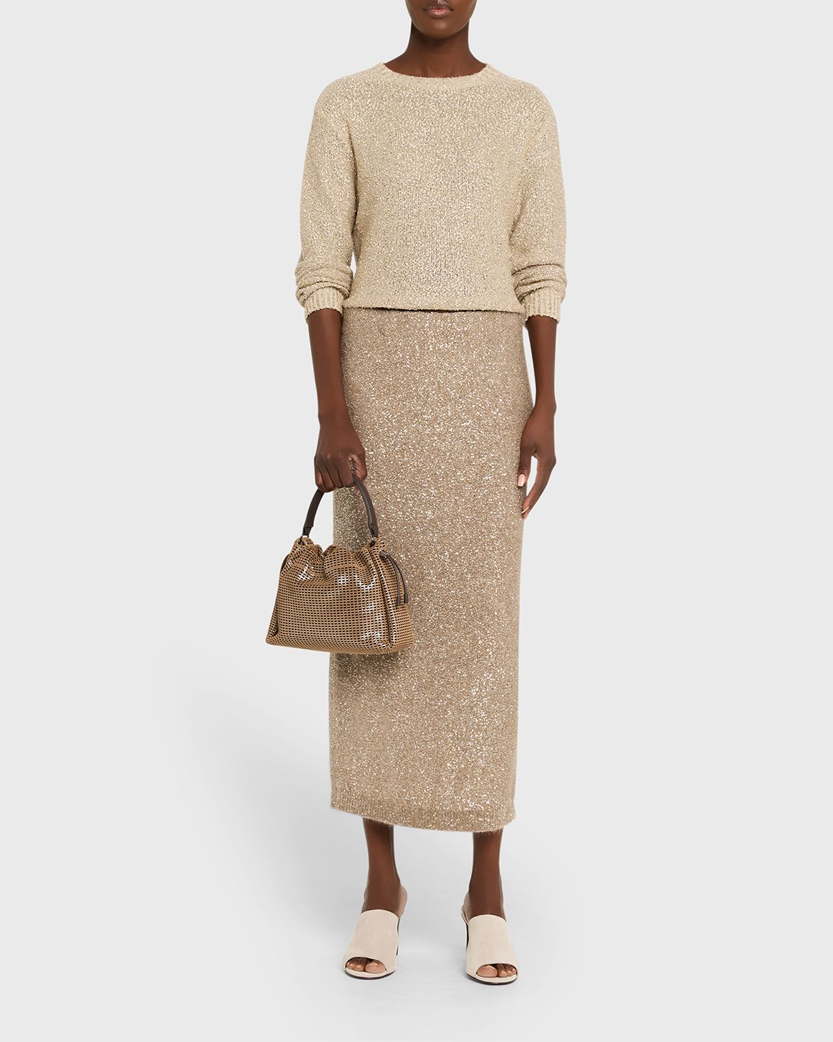 Brunello Cucinelli Diamante Linen-Mohair Knit Midi Pencil Skirt