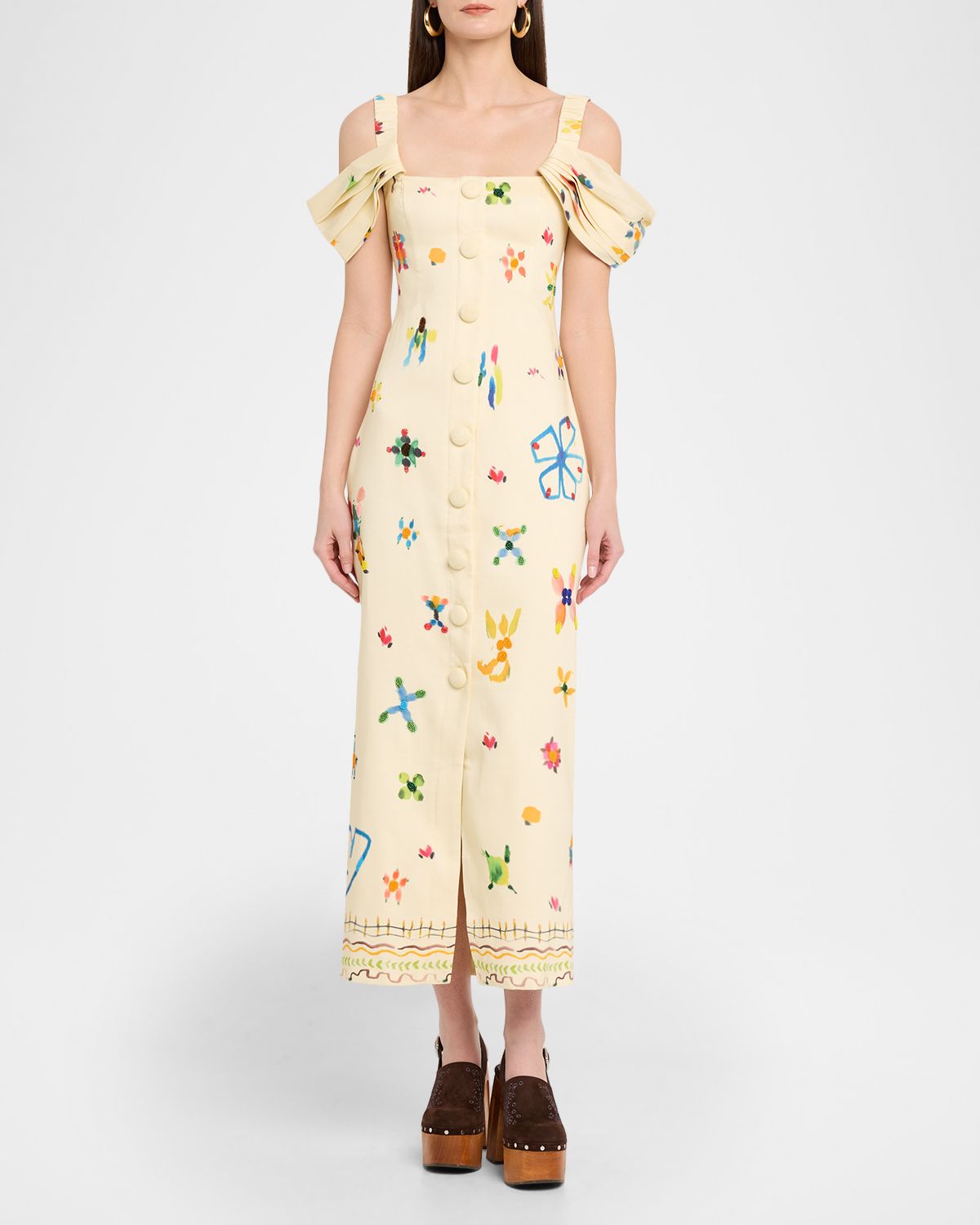 ALEMAIS Sidi Printed Linen-Blend Cold-Shoulder Midi Dress