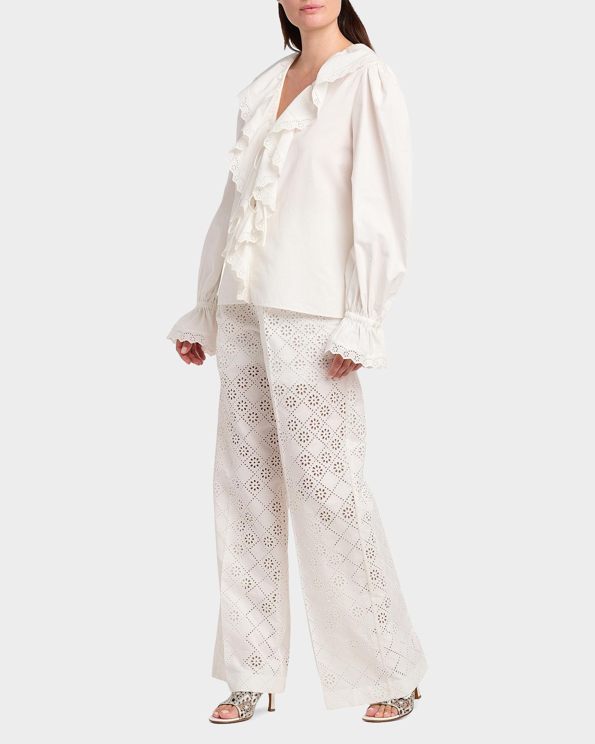 Alberta Ferretti Eyelet Embroidered Cotton Wide-Leg Trousers