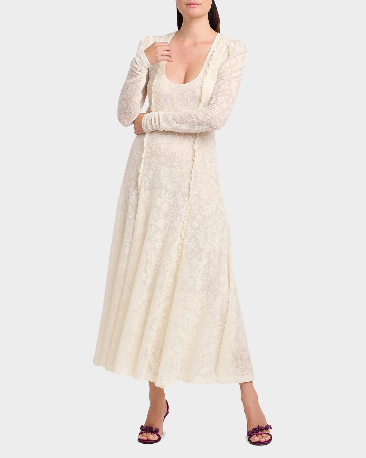 Alberta Ferretti Ruffle Long-Sleeve Wool Lace Maxi Dress