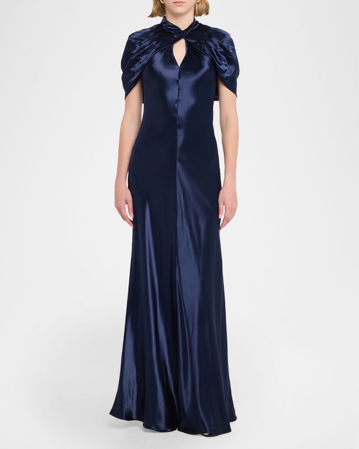 Alberta Ferretti Twisted Capelet Satin Maxi Dress