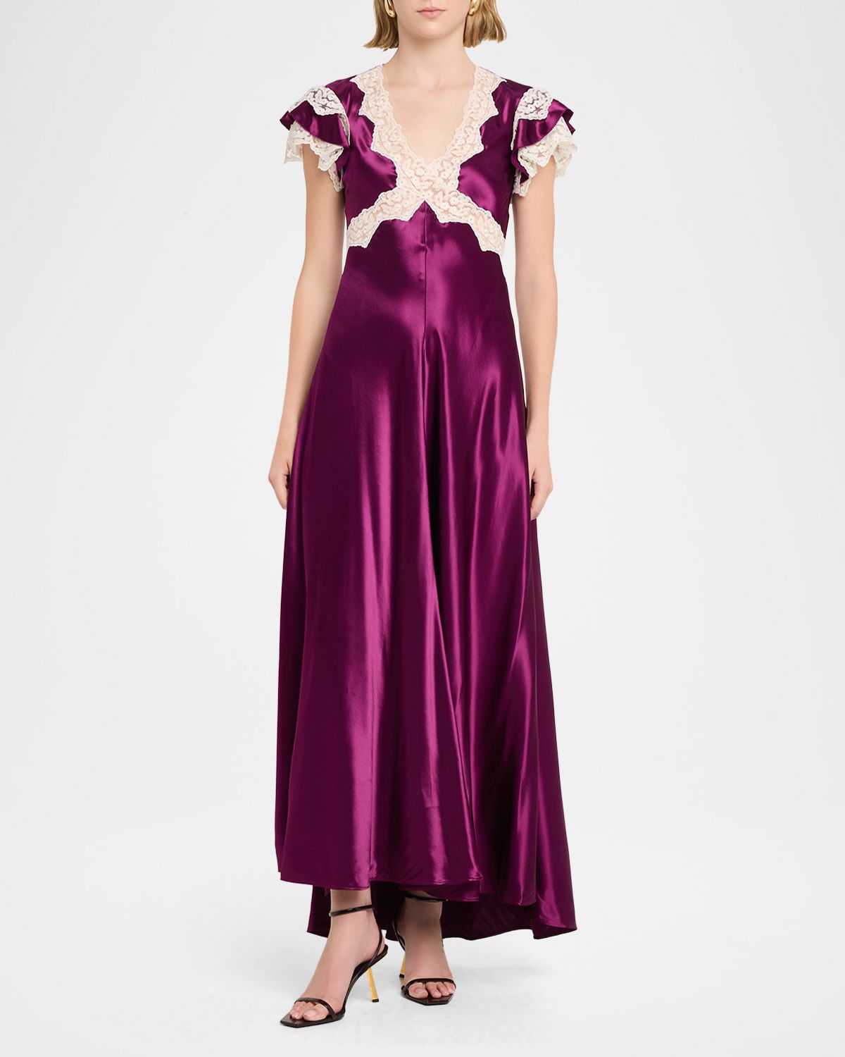 Alberta Ferretti Lace-Trim Ruffle-Sleeve Satin Maxi Dress