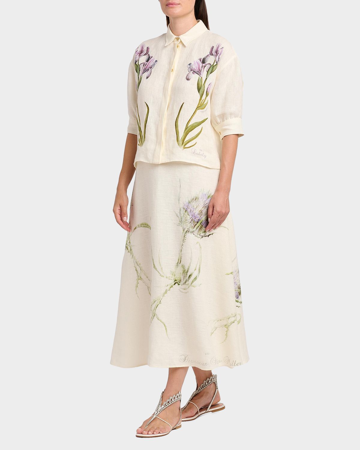 Alberta Ferretti Thistle Print Linen Midi Skirt