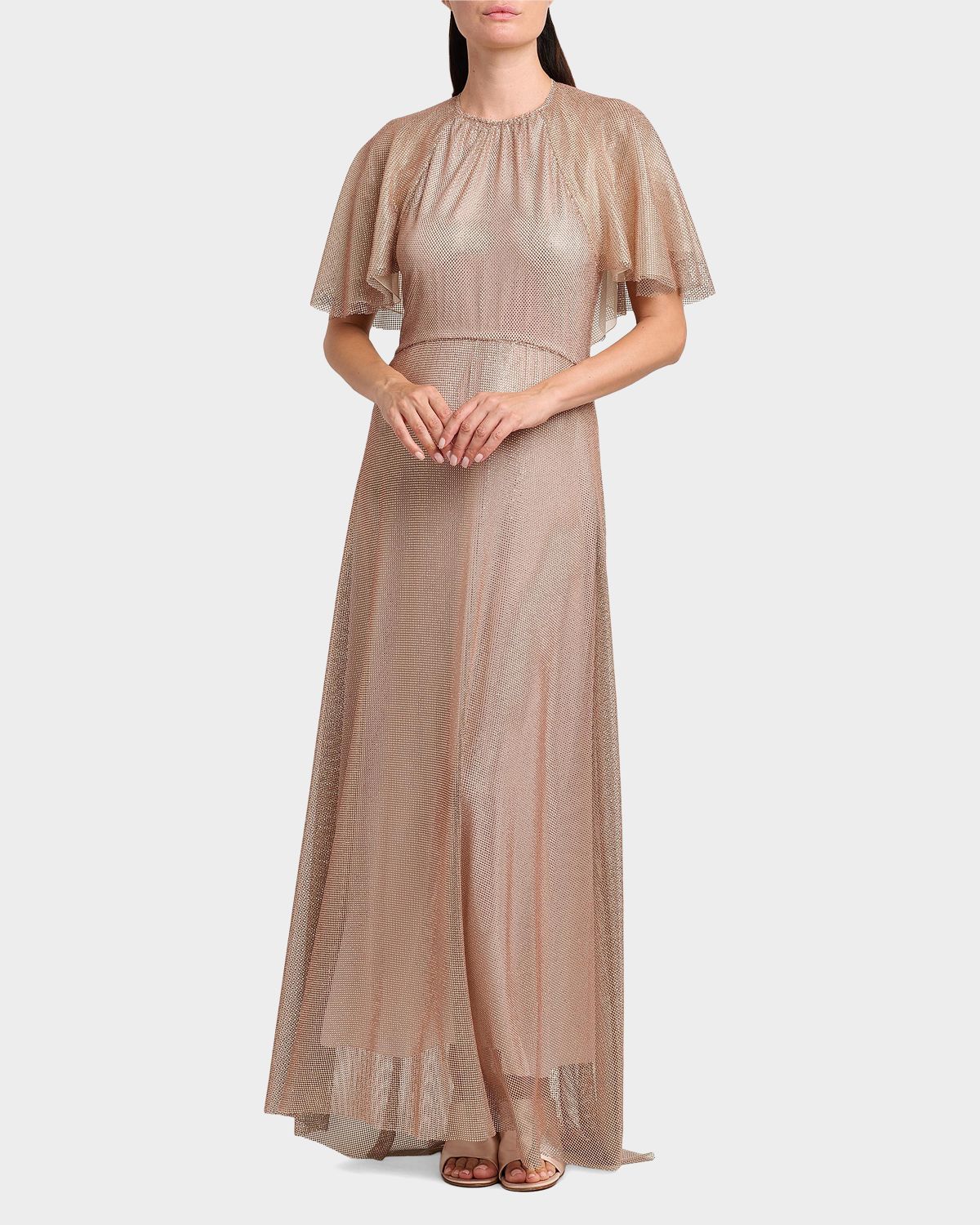 Alberta Ferretti Micro-Rhinestone Mesh Capelet Evening Dress