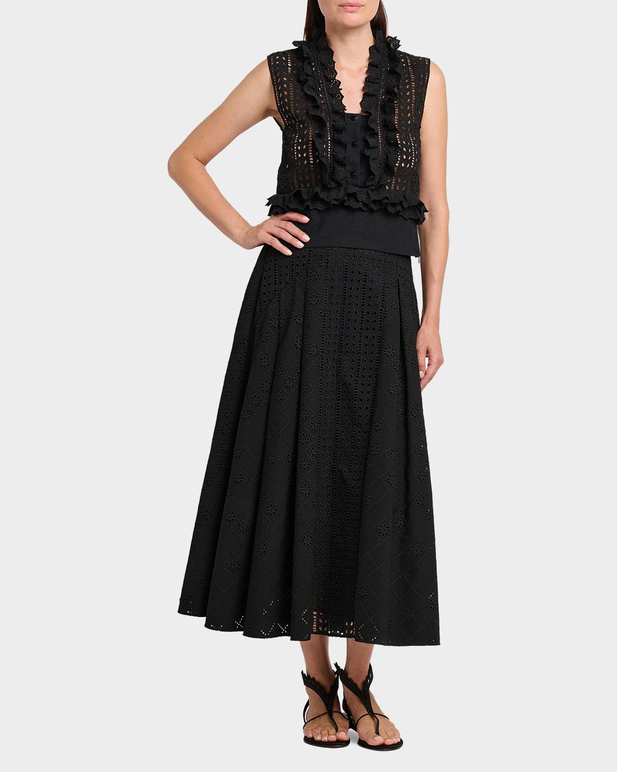 Alberta Ferretti Eyelet Embroidered Ruffle Sleeveless Top