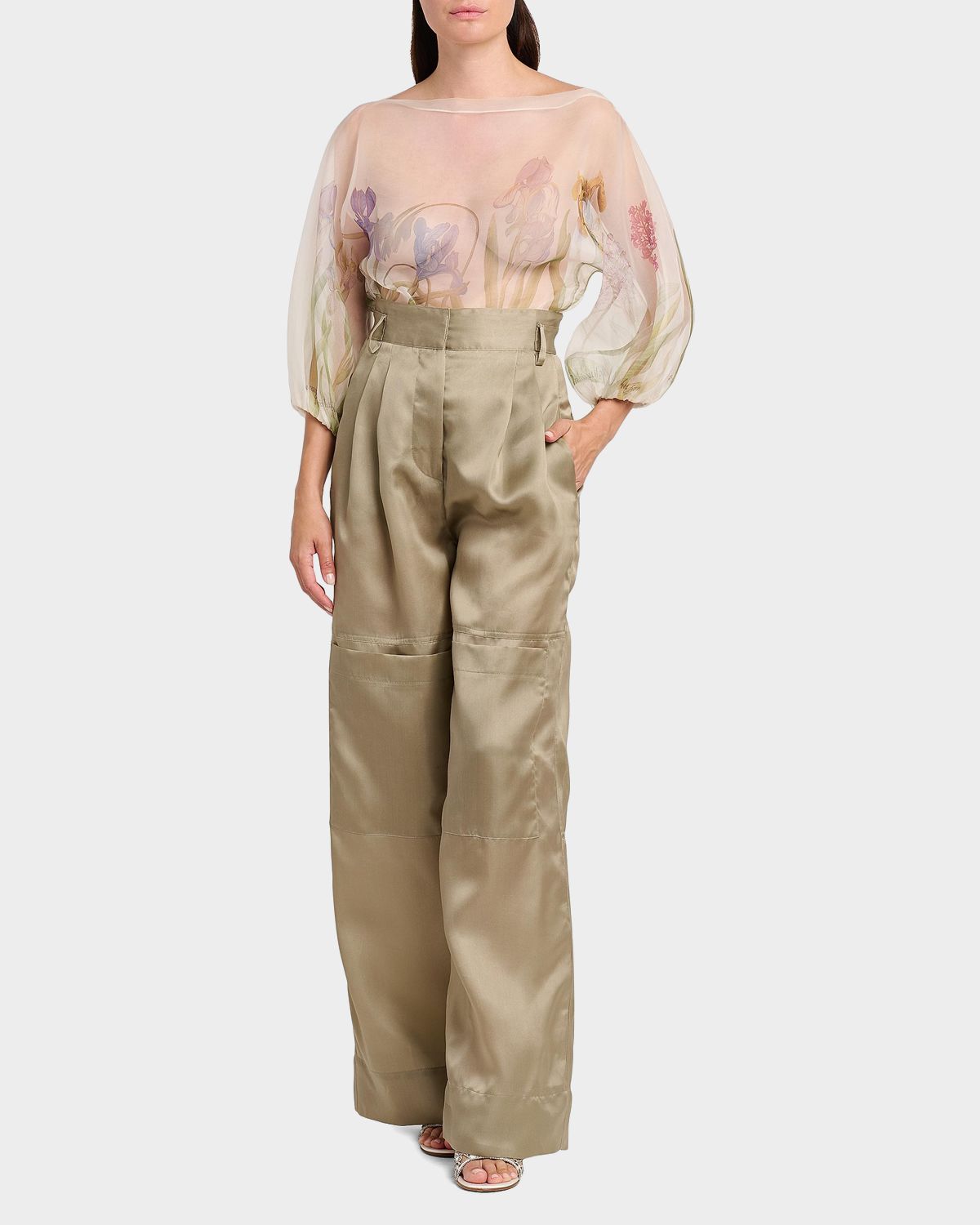 Alberta Ferretti Floral Sheer Silk Organza Balloon-Sleeve Blouse