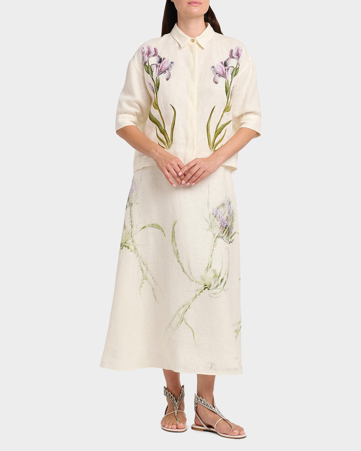 Alberta Ferretti Floral-Print Linen Short-Sleeve Blouse