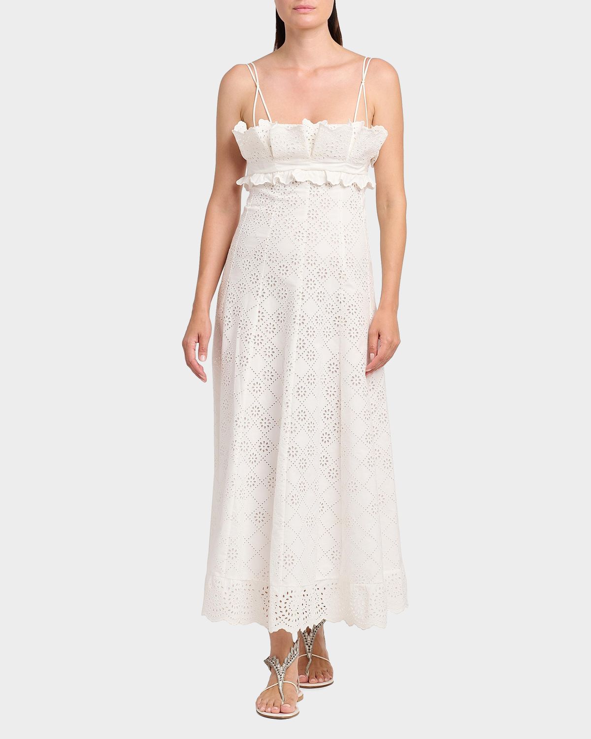 Alberta Ferretti Eyelet Embroidered Ruffle Empire Midi Dress