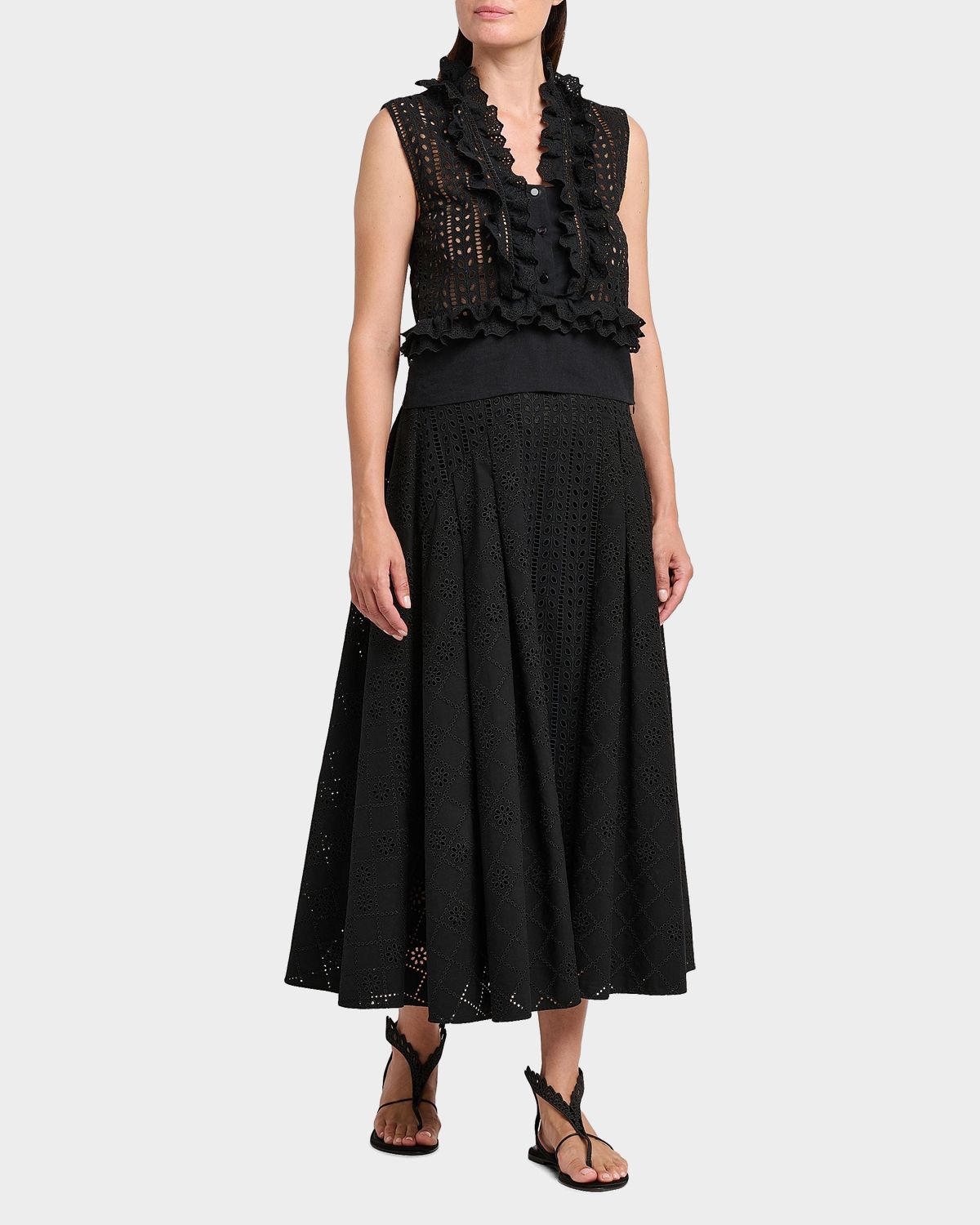 Alberta Ferretti Eyelet-Embroidered Pleated Midi Skirt