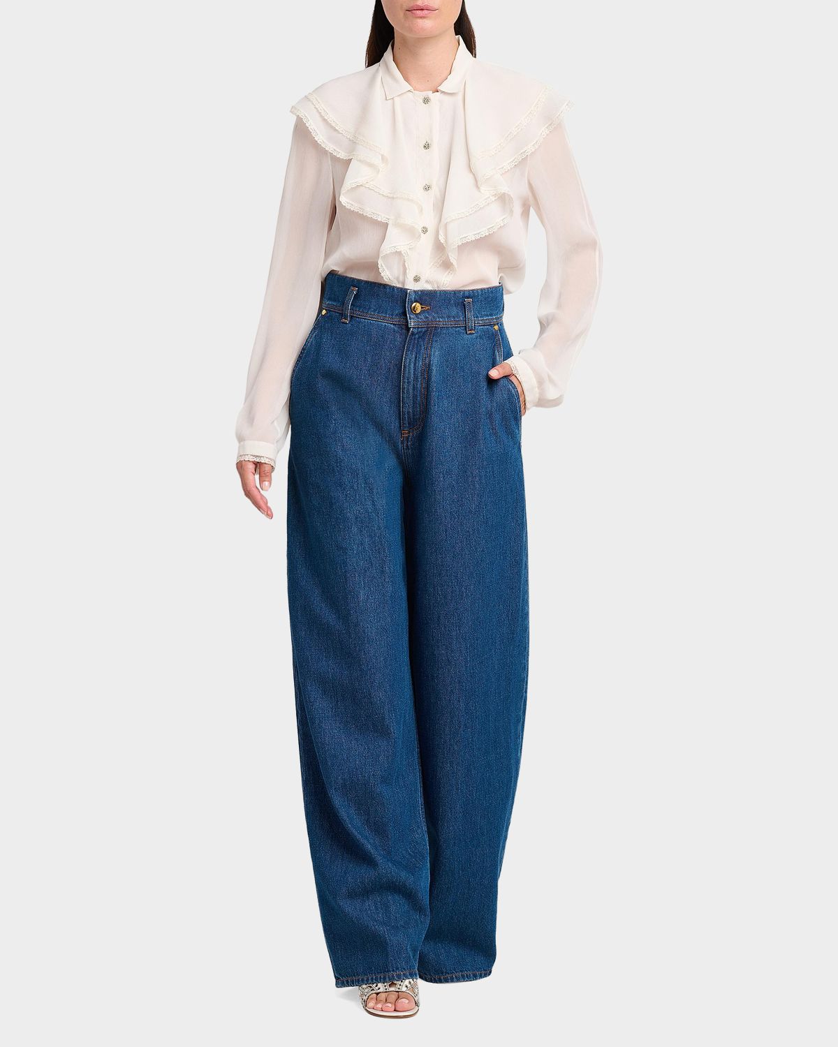 Alberta Ferretti Plisse Ruffle Button-Down Blouse