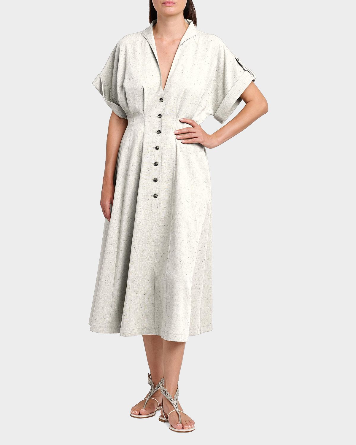 Alberta Ferretti Tweed Short-Sleeve Midi Shirtdress