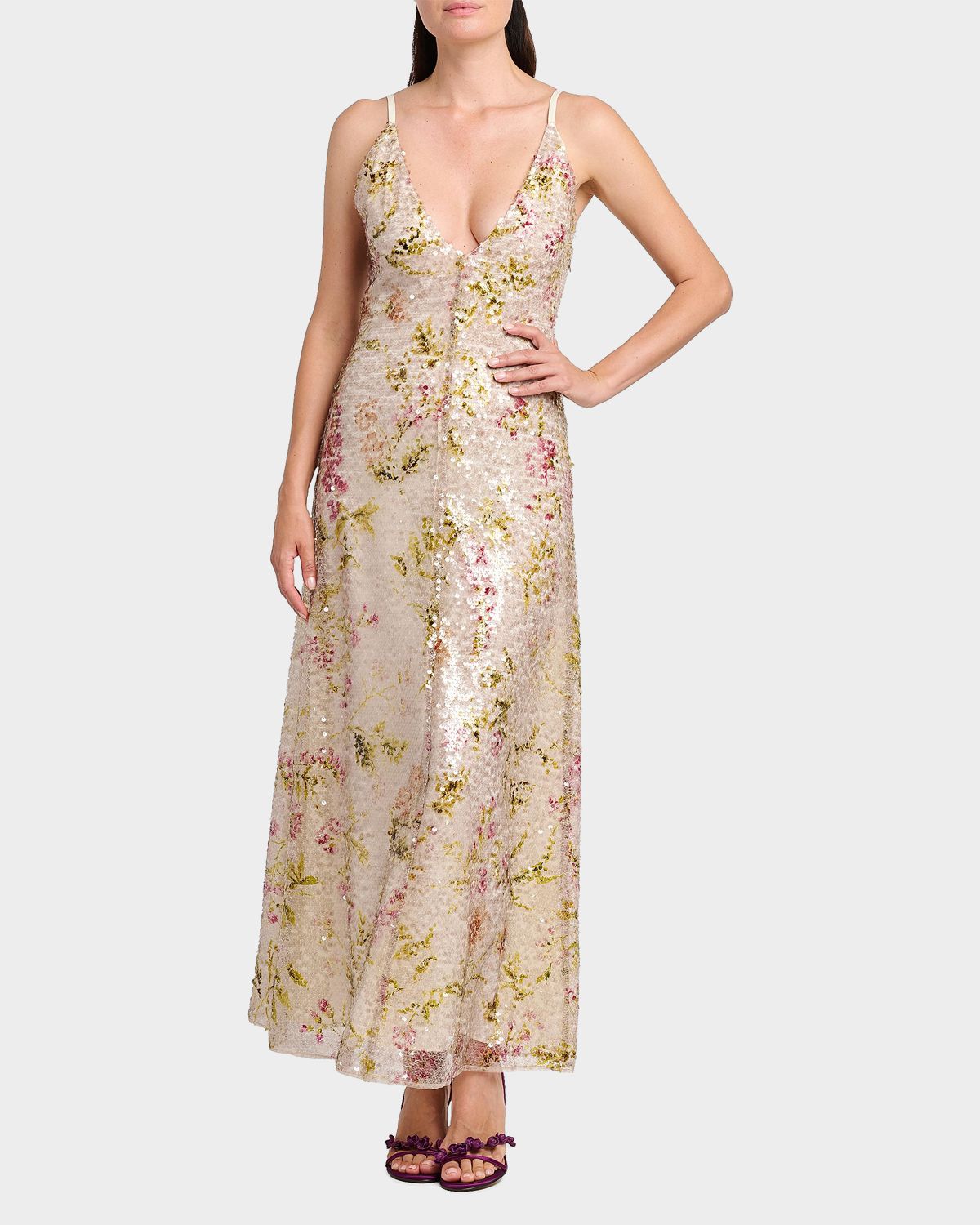 Alberta Ferretti Floral Sequined Sleeveless Evening Dress