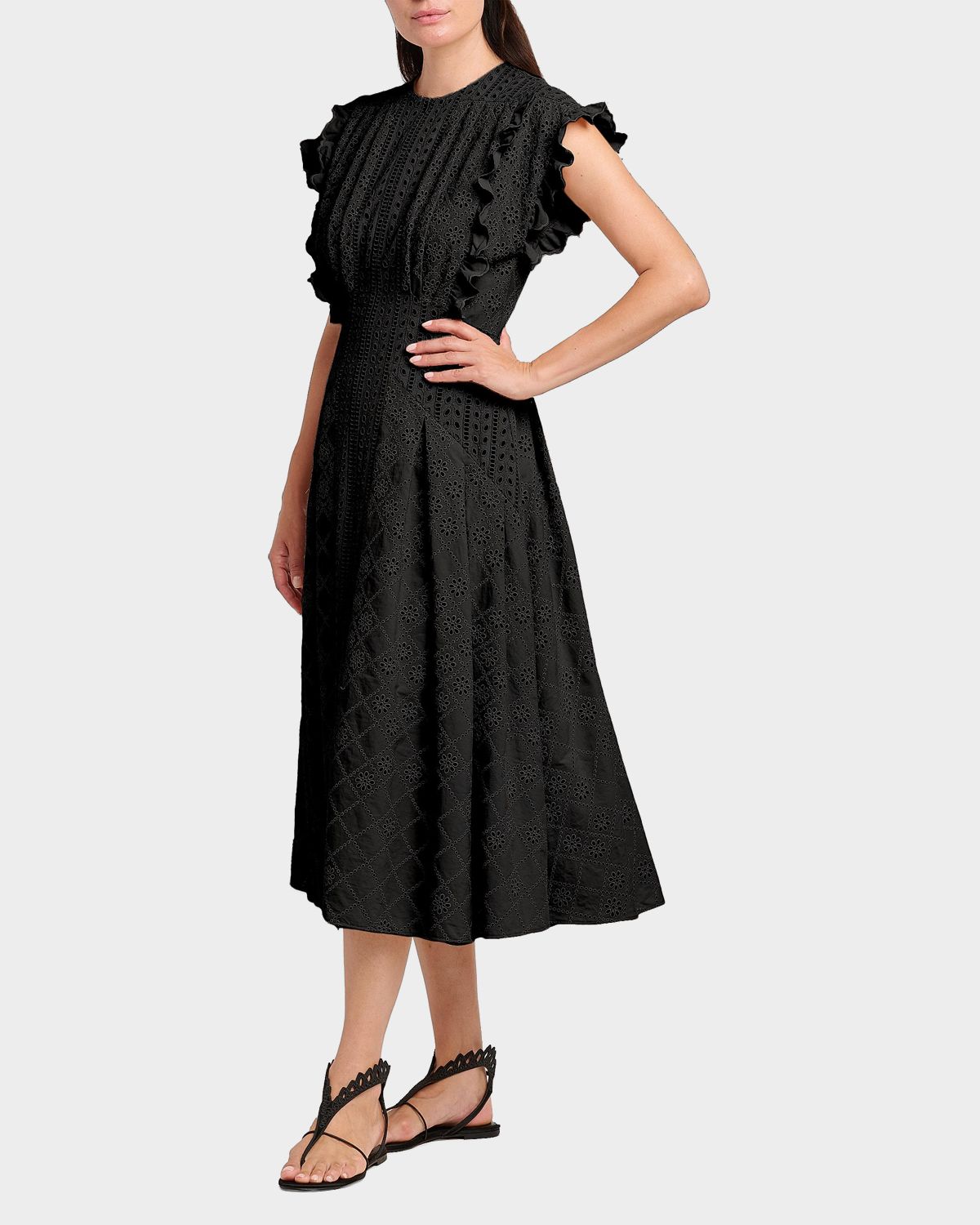 Alberta Ferretti Cap-Sleeve Pleated Eyelet Cotton Midi Dress