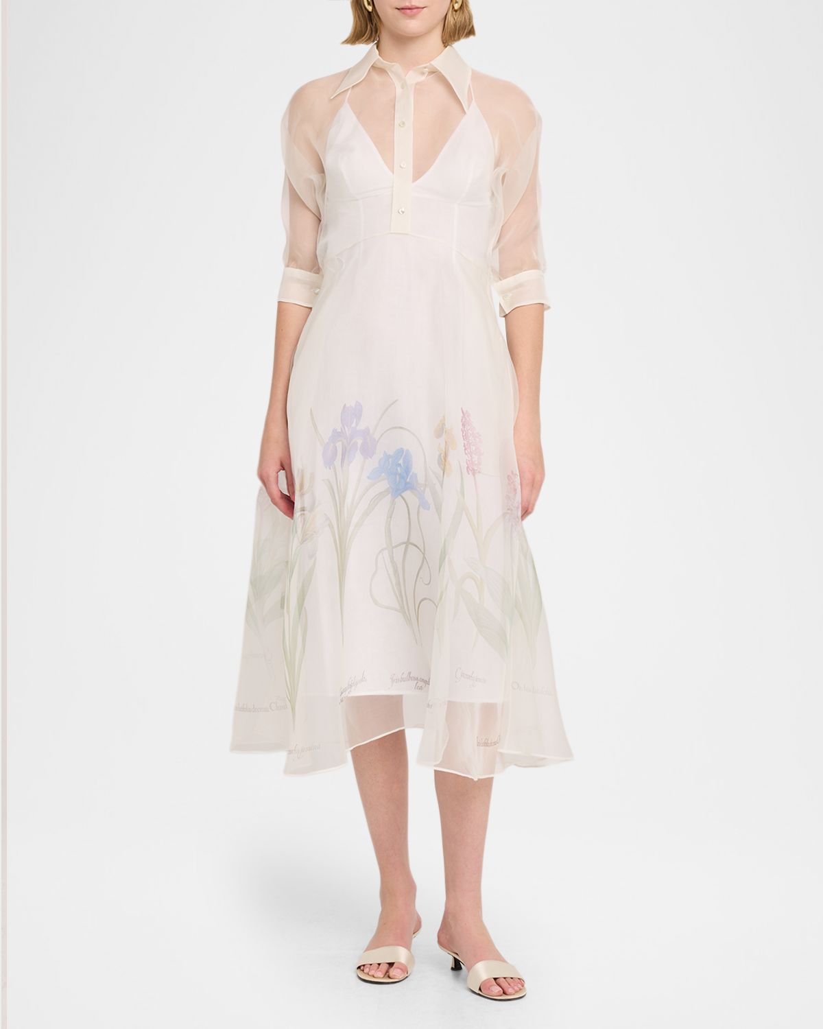 Alberta Ferretti Iris-Print Silk Organza 3/4-Sleeve Midi Shirtdress