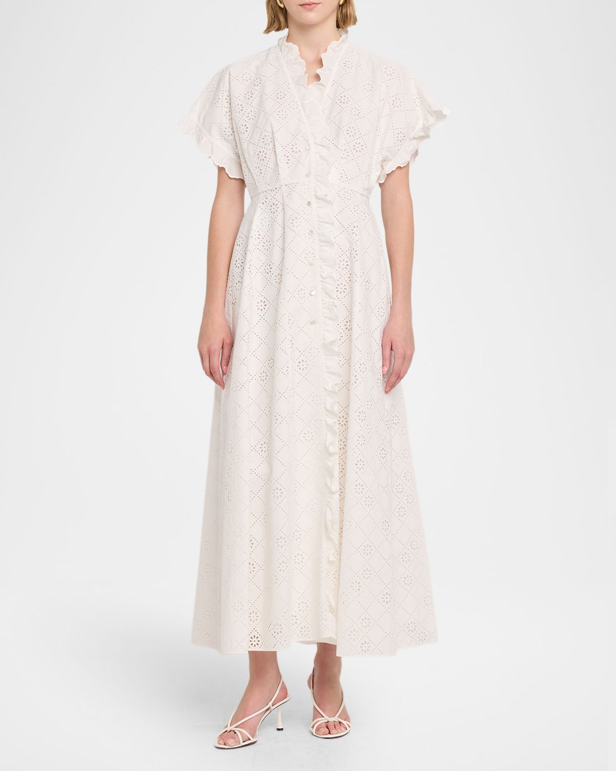 Alberta Ferretti Broderie Anglaise Ruffle Short-Sleeve Maxi Dress