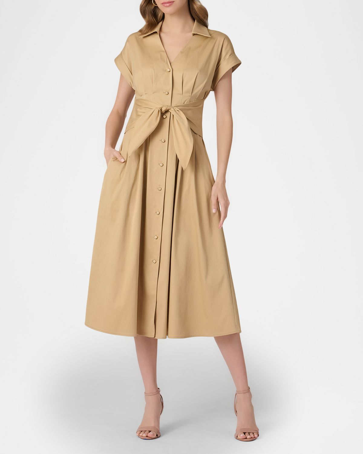 Shoshanna Josephine Pleated Cotton Sateen Midi Shirtdress