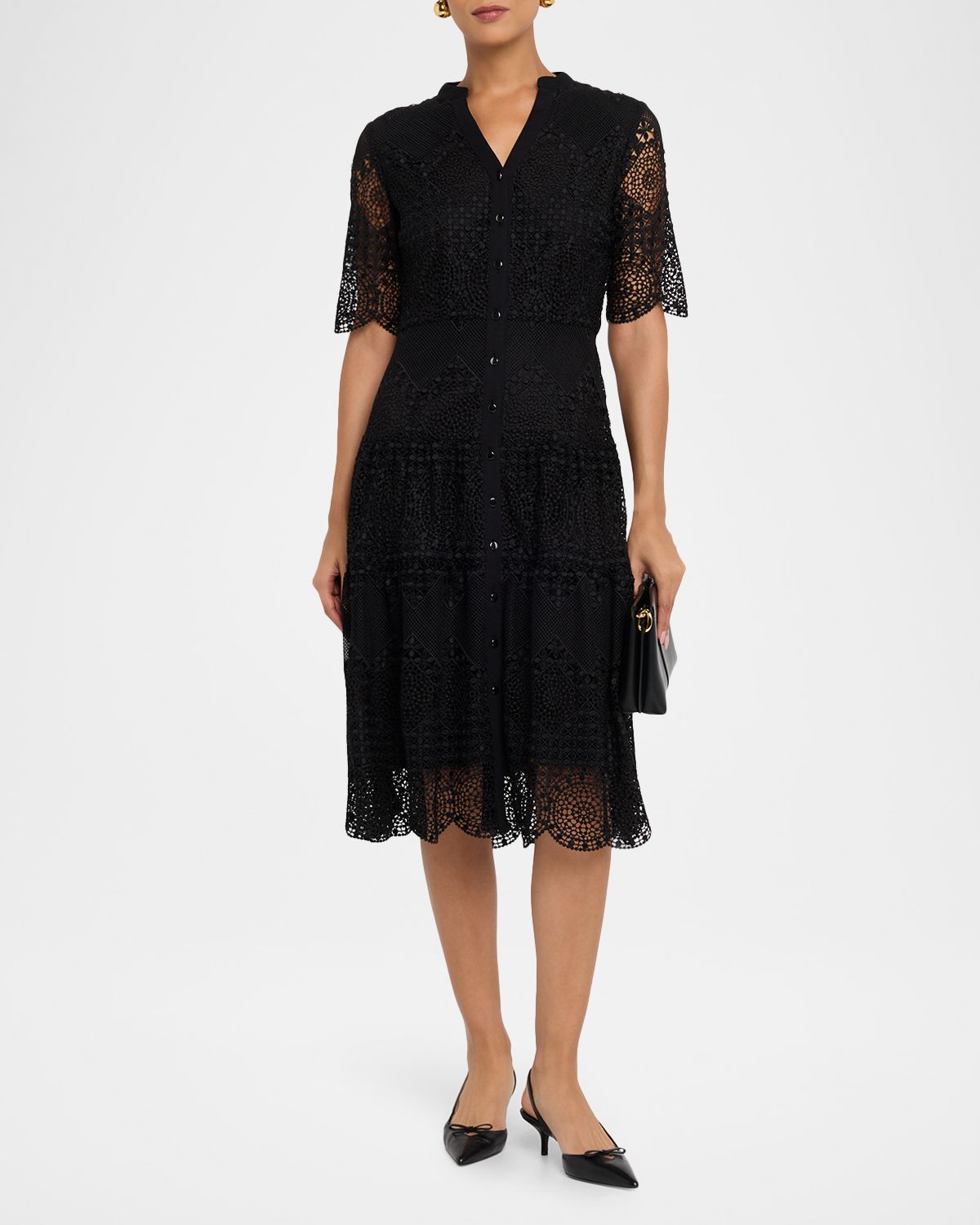 Misook Tiered Scalloped Lace Midi Dress