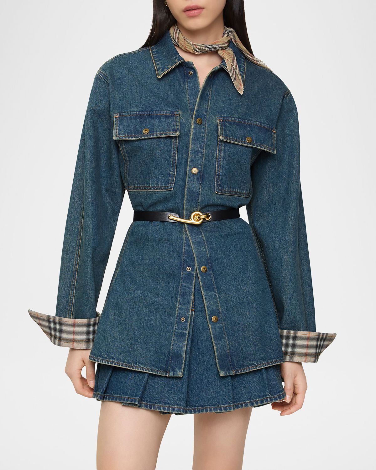 Burberry Dakota Check-Cuff Denim Button-Down Shirt