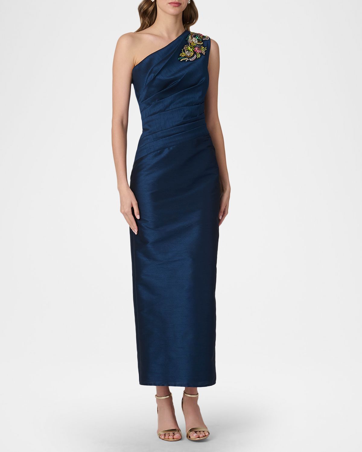 Shoshanna Como Sleeveless Beaded One-Shoulder Midi Dress