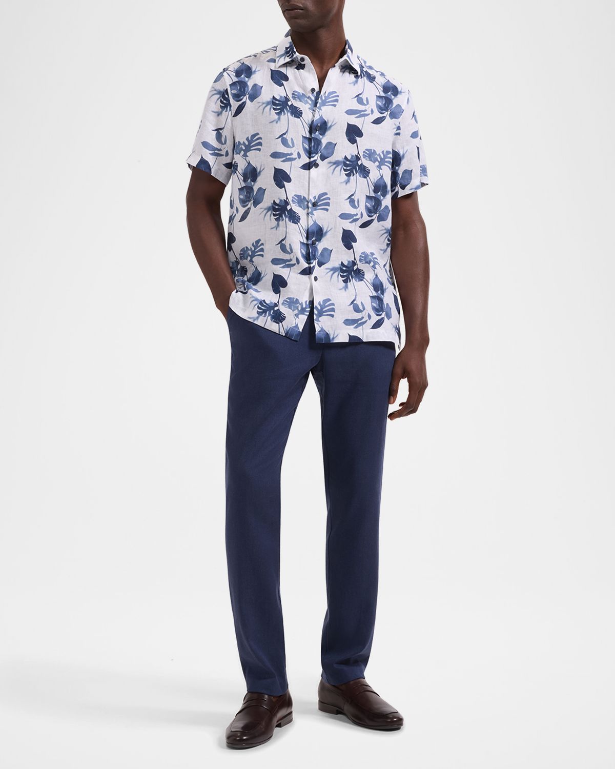 Bugatchi en 's Orson Leaf-Print Linen Short-Sleeve Shirt