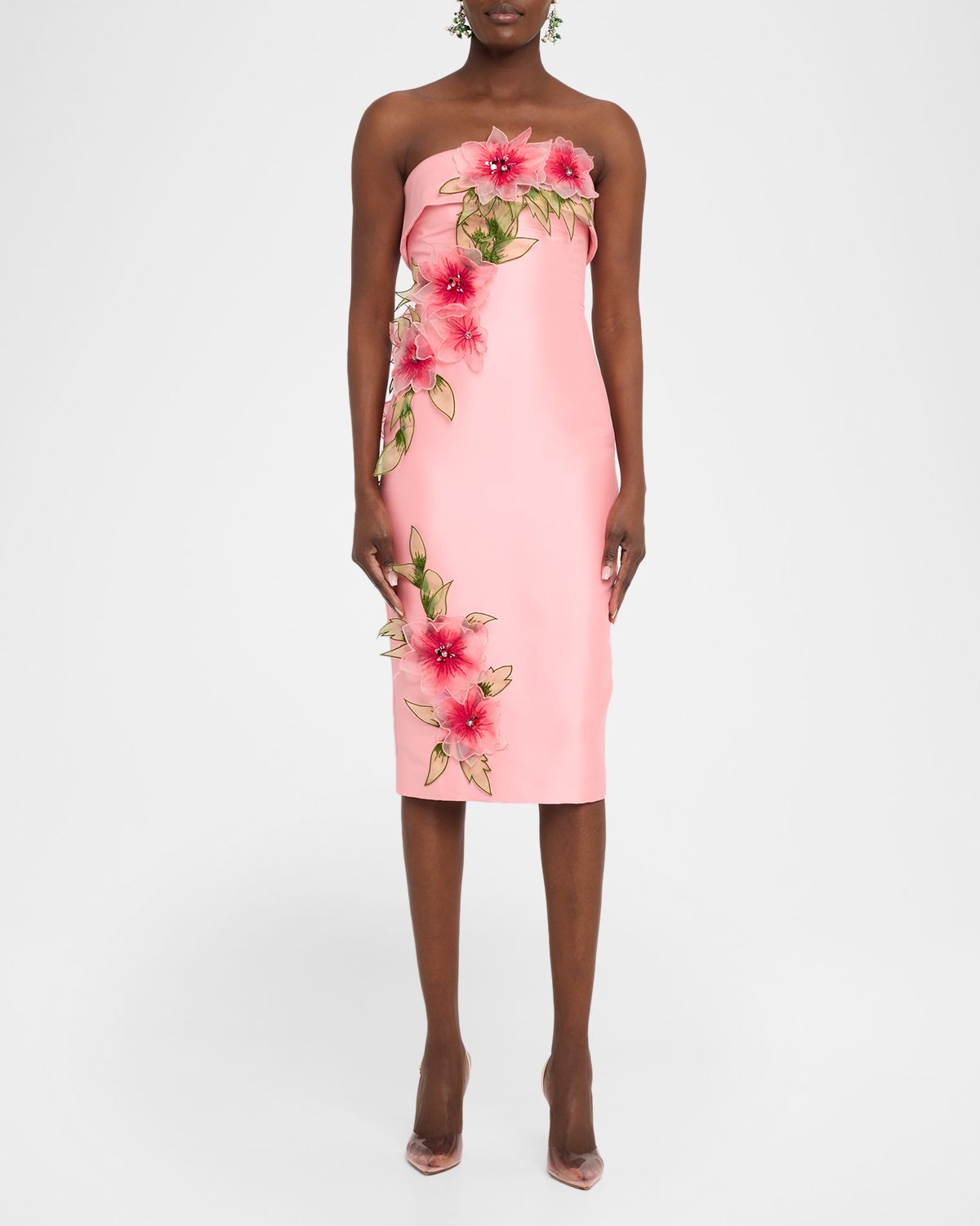 Badgley Mischka Strapless Floral Applique Satin Midi Dress