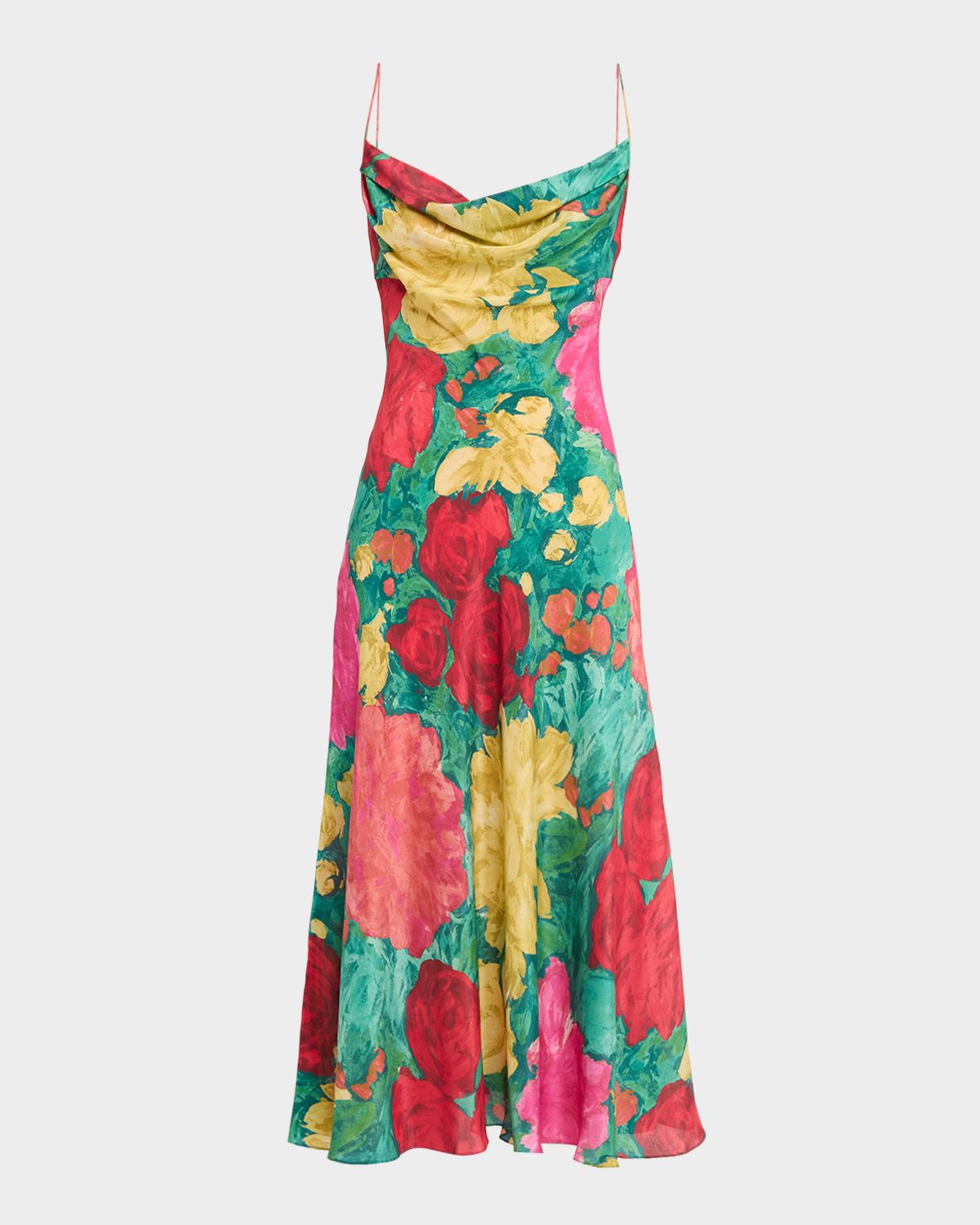 Balmain Cowl-Neck Floral Silk Midi Slip Dress