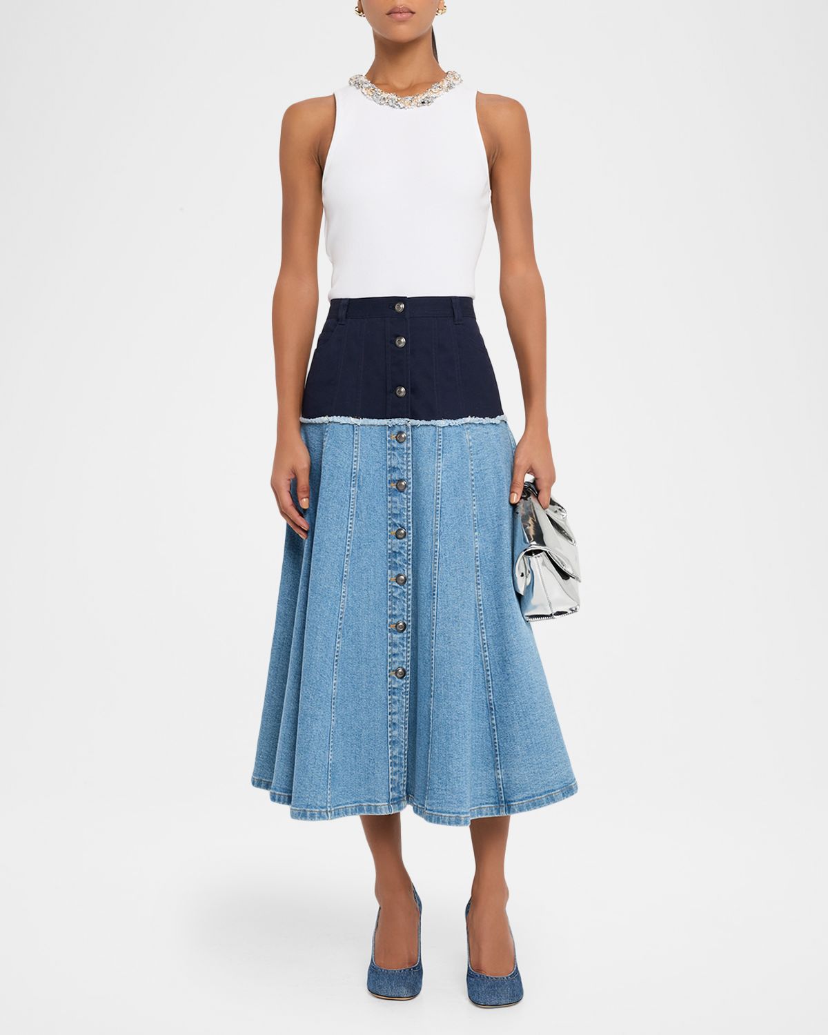 Cinq a Sept Veena Colorblock Denim Midi Skirt